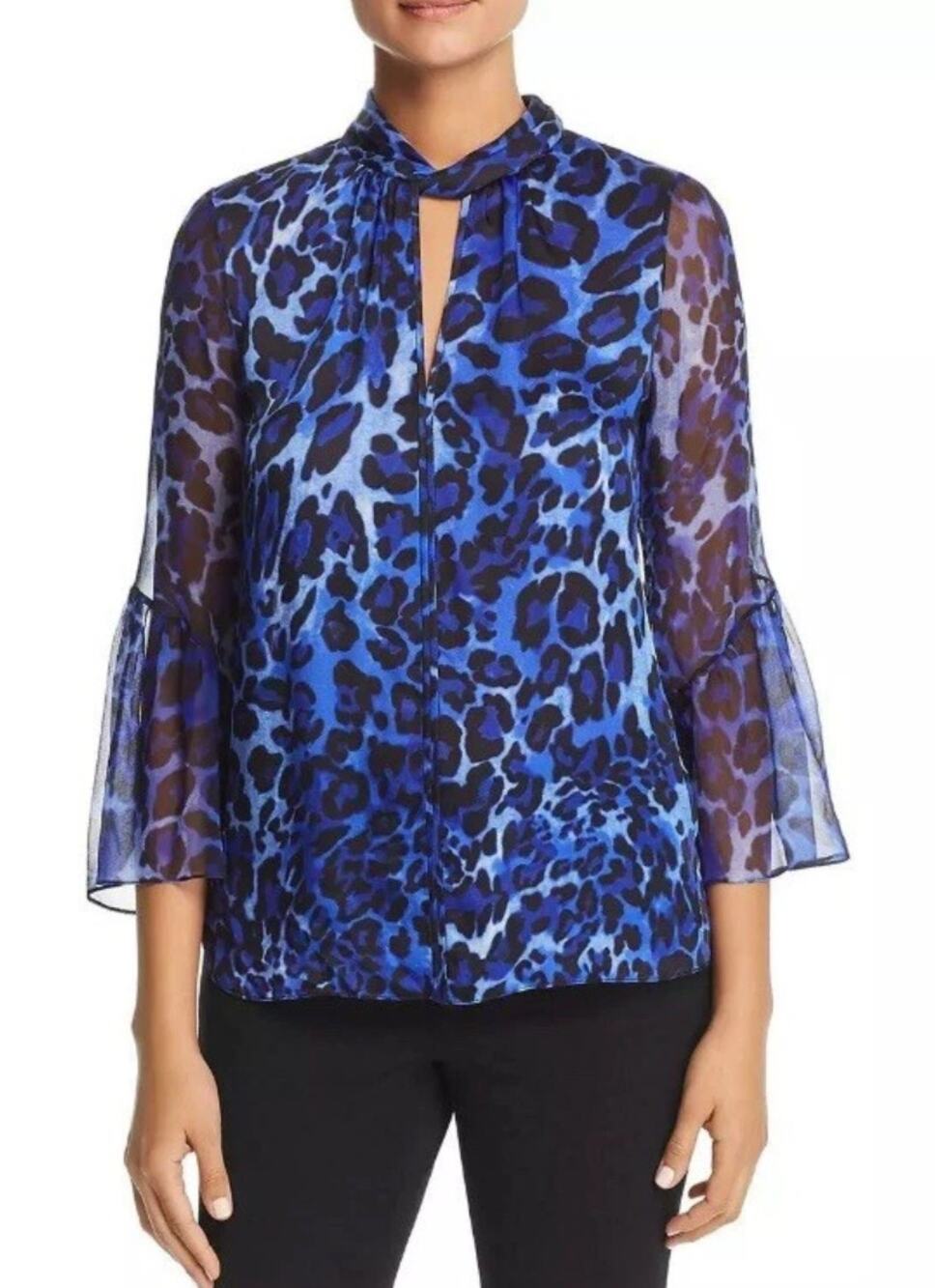 ELIE TAHARI Laraib Blue Black Leopard Print 100% Silk Blouse Small Top